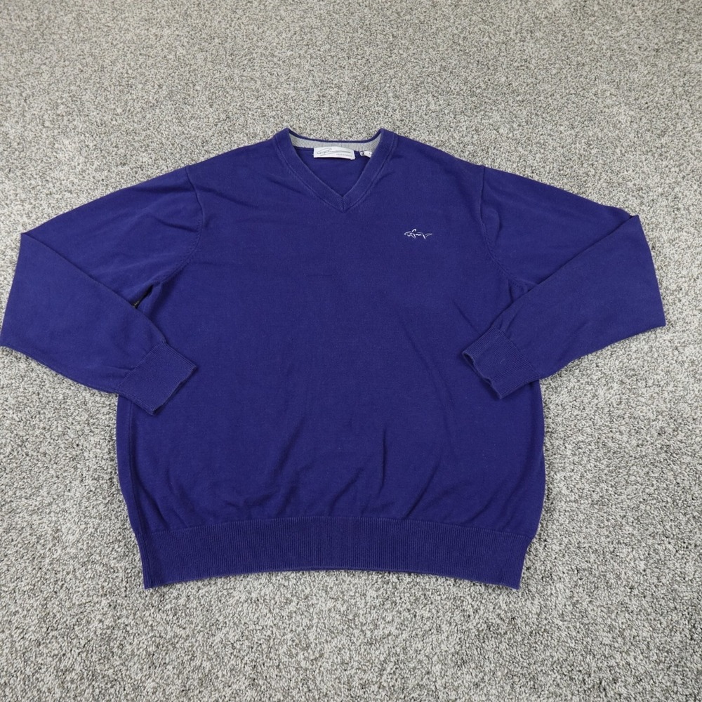 Greg Norman Sweater Mens L Blue Shark Pullover Sweatshirt V Neck Casual Golf Dad